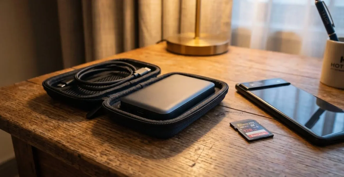 Disque dur externe rangé dans un étui rigide de protection posé sur une table de chambre d'hôtel