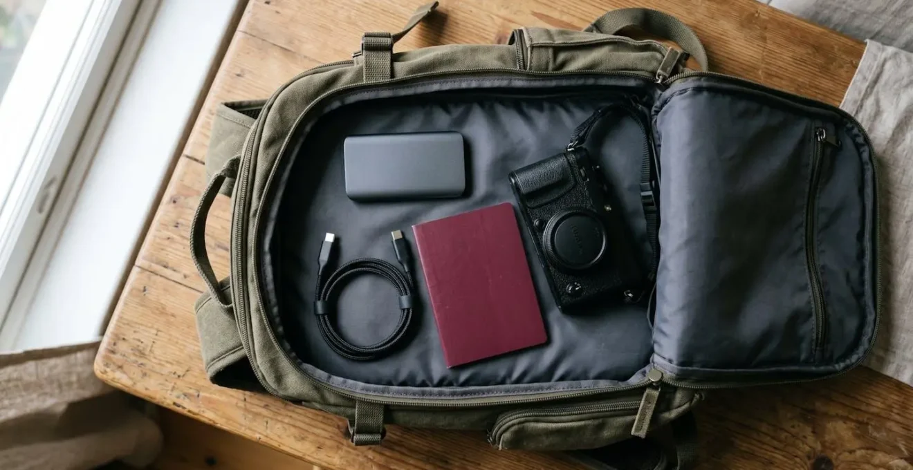 Disque dur SSD externe compact posé sur un sac à dos de voyage ouvert, avec passeport et appareil photo