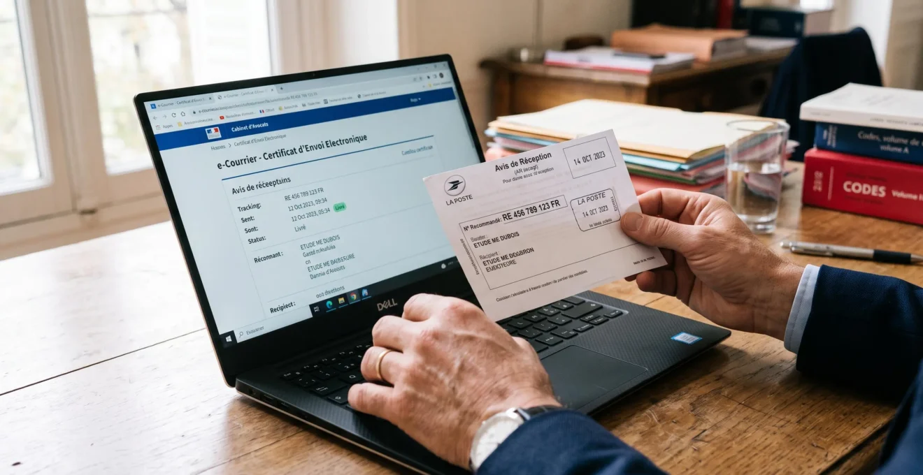 Des mains comparent un accusé de réception papier et un certificat électronique sur un bureau.