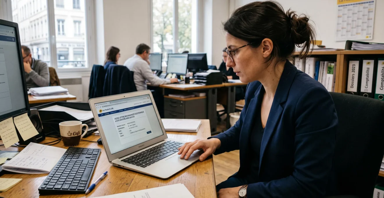 Un professionnel envoie une lettre recommandée électronique depuis son ordinateur au bureau.