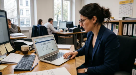 Un professionnel envoie une lettre recommandée électronique depuis son ordinateur au bureau.